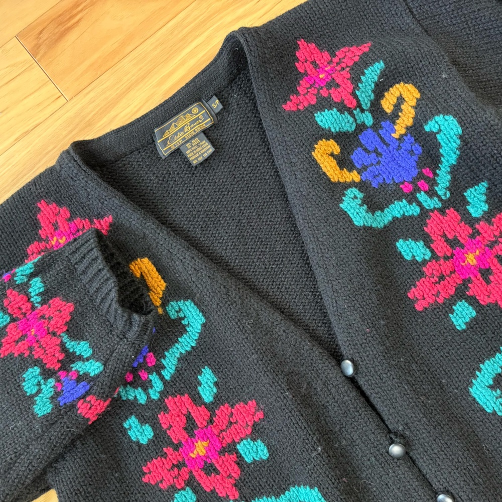 Eddie Bauer Wool Cardigan Womens Sz S Black Vintage Floral Knit Grandma Sweater